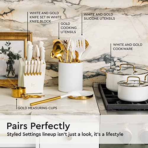STYLED SETTINGS White Utensil Holder with Built-In Ceramic Spoon Rest | 2-Piece White and Gold Spatula Holder, Kitchen Accessory, Utensils Not Included, White & Gold - color: White & Gold