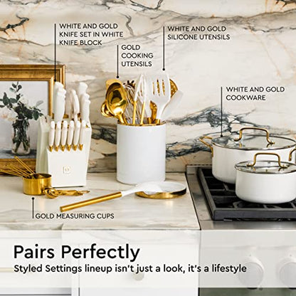STYLED SETTINGS White Utensil Holder with Built-In Ceramic Spoon Rest | 2-Piece White and Gold Spatula Holder, Kitchen Accessory, Utensils Not Included, White & Gold - color: White & Gold
