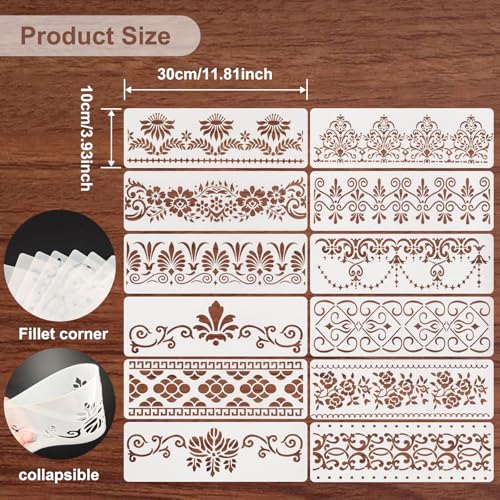12 Pcs Border Stencils for Painting Mandala Flower Stencil Template Retro Reusable Furniture Cake Decorative Stencils Border for Wood DIY Craft Canvas Fabric - style: Mandala Style