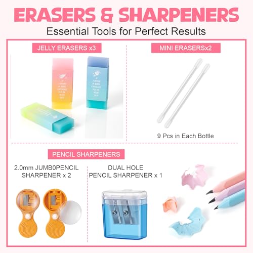 Eersida 47 Pcs Aesthetic School Supplies with Cute Pen Case, Mechanical Pencils 0.5mm, 0.7mm, 0.9mm & 2.0mm with Leads and Eraser Refills, Wood Pencils #2, for Writing, Drawing & Drafting (Pink) - color: Pink