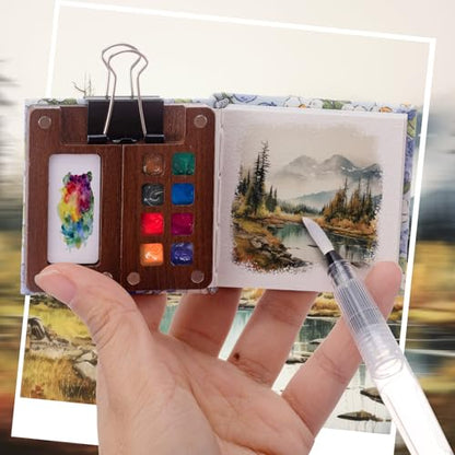 Qilery Mini Portable Watercolor Palette Set Wooden Grid Paint Box Watercolor Paper Sketch Book Brush Pens with Binder Clip for Painters Artist Not Include Paint(Blueberry) - style: Blueberry