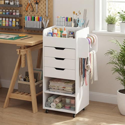 Giantex Craft Storage Cart - Utility Organizer Cart with 3 Drawers, 3 Shelves, 3 Slotted Compartments, 2 Rolling Rods, Crafting Sewing Cabinet on Wheels for Wrapping Paper Scrapbook Ribbon (White) - color: White