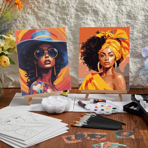 Cholemy 36 Pcs Paint and Sip Kit Gift for Adults 8''x10'',African Women | Pre Drawn Canvas, Painting DIY Afro Acrylic Painting Kit, Wood Easel Brushes, Date Night Bulk, Summer Halloween Party - style: African Women