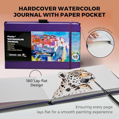 Funto Watercolor Journal, 8.5x5.5, 2 Pack, 48 Pages Each, Purple Leather Cover, Cold-Pressed, Inner Paper Pocket, Art Supplies for Mixed Media - color: Purple-Leather-8.5 x 5.5
