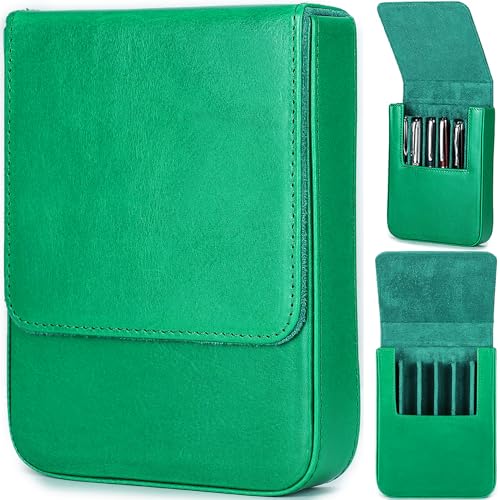 Top Grain Genuine Leather 6 Fountain Pen/Pencil Tray Case, Minimalist Fashion Design, Handmade, Magnetic Closure with Drawer Design, Gift Choice for Man/Woman/Office, Glossy Green, 6 Slots - color: Glossy Green, size: 6 Slots -【Magnetic Closure】