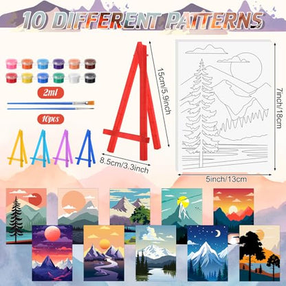 Blosssound 10 Set Pre Printed Canvas Pre Drawn Canvas Painting with Easel Kits 5" x 7" Outline Painting Panels for Beginners, DIY Craft Project, Party Favor, Home Decors(Sunset) - style: Sunset