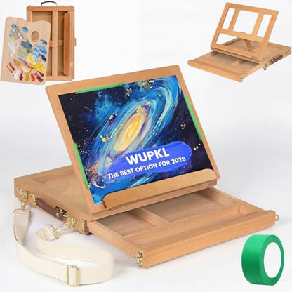 Portable Tabletop Easel for Painting, Wooden Desk Easel with Drawer & Palette, Adjustable Art Easel for Adults Beginners, Foldable Travel Easel with Handle & Strap (Beech Wood)