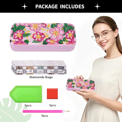 FlyingMage 5D Diamond Art Painting Kit for Adults Beginner, Small DIY Diamond Dots Gem Art Painting Mosaic Kits, Cute Hard Shell Sunglasses Eyeglasses Glasses Case for Women Teen, Sakura - color: Pink Flower