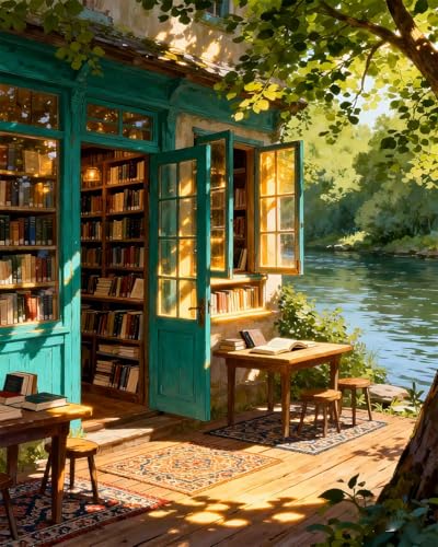 MIRCVSH DIY Bookstore Paint by Numbers Kit for Adults,Riverside Scenery Painting by Number Kits for Adult Beginners,Watercolor Oil Painting Kit for Home Decor Gifts 16x20 Inch. - color: MT22591