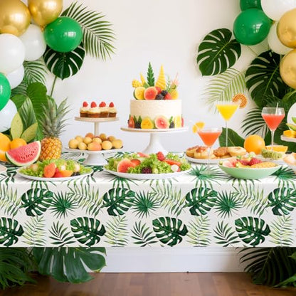 2 Pack Jungle Tablecloths, 54x108", Tropical Palm Leaf Party Decor | Two Coordinating Palm and Monstera Prints with Waterproof PE Protection for Jungle, Tiki, rainforest and tropical parties