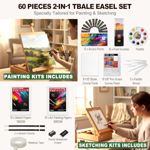 60 Pieces Beechwood Tabletop Easel Set for Painting with Shoulder Strap
