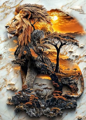 AWLNKMC Lion Sunrise Tree Diamond Art Painting Kits for Adults, Diamond Painting Kits for Adults Beginners, 5D DIY Full Drill Diamond Dot Gem Art Kits for Adult, Home Wall Decor 11.8x15.7 Inch - color: Lion Tree