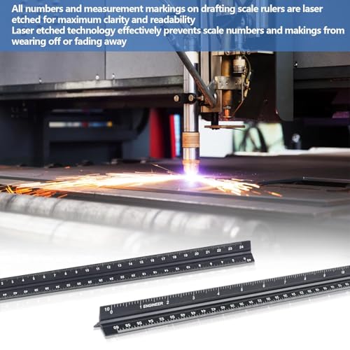 Engineer Scale Ruler, Imperial Measurements 12'' | Black, Laser-Etched Aluminum Architect Triangular Ruler for Architects, Students, Draftsman, and Engineers - style: Black-E