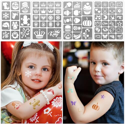 183 PCS Temporary Tattoos Stencils for Kids, Boys Girls Glitter Tattoo Stencils Kit, Body Face Paint Stencils Template for Kids School Show Birthdays Christmas Halloween Party Supplies