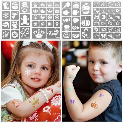 183 PCS Temporary Tattoos Stencils for Kids, Boys Girls Glitter Tattoo Stencils Kit, Body Face Paint Stencils Template for Kids School Show Birthdays Christmas Halloween Party Supplies