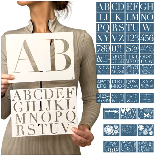 Boutique Stencil Template Kit | 45 Reusable Pieces | Lettering Uppercase Both Large & Small | Numbers, Punctuation, Butterfly, Animal, Bee, Leaf & Flowers | for Arts Crafts Painting Wood (Luxury Kit) - style: Luxury Stencils