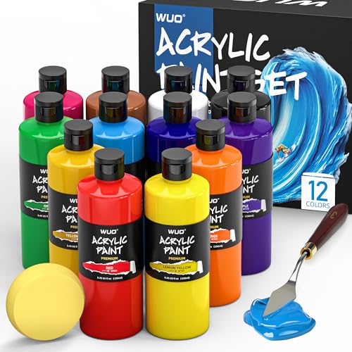 WUO 12 Colors Acrylic Paint Set, 250ml/8.45oz Bottles Artists Acrylic Paint | Large Bulk Rich Pigment Non-Toxic Waterproof Multi-Surface Painting Supplies for Beginners on Canvas Wood Rock Ceramic Crafts - color: 12 Colors