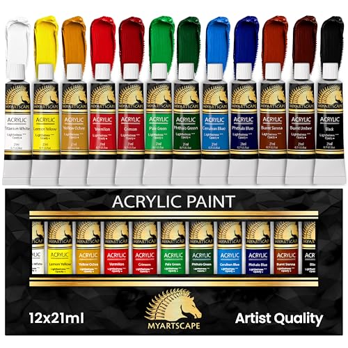 MyArtscape Heavy Body Acrylic Paint Set - 12 x 21ml Acrylic Paint | Rich pigment heavy body acrylic paint for canvas wood fabric with smooth blending and high opacity