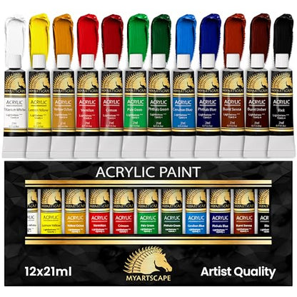 MyArtscape Heavy Body Acrylic Paint Set - 12 x 21ml Acrylic Paint | Rich pigment heavy body acrylic paint for canvas wood fabric with smooth blending and high opacity