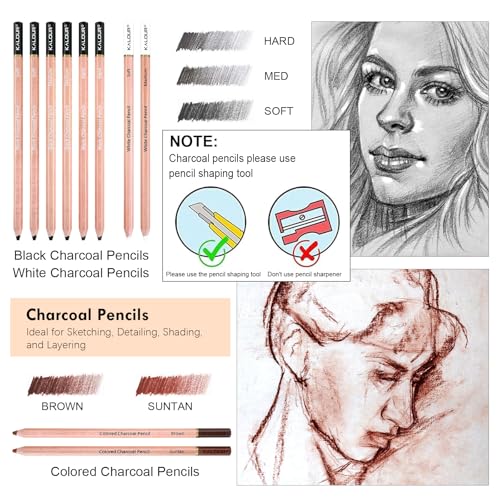 KALOUR PDAS 22pcs Charcoal Drawing Set, Professional Art Supplies, Black & White Charcoal Pencils for Drawing, Sketching, Shading, Blending, Artist Pencils for Beginners & Pro Artists