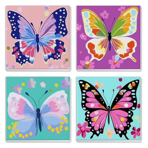 MXJSUA 4 Pack Framed Cute Animals Paint by Numbers for Kids Ages 6-12, Colored Butterflies Paint by Number Kits for Children Beginner, Acrylic Oil Painting for Home Wall Decor (8x8inch) - color: Animal-f