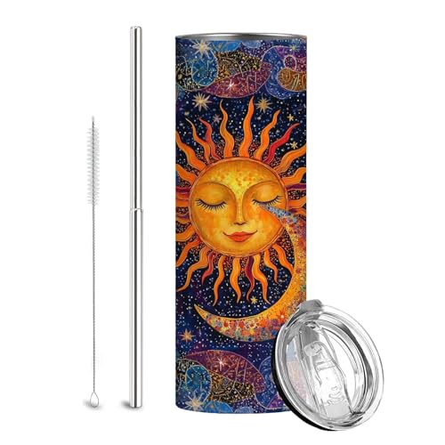 Firmiso 20 oz Tumbler | Skinny Insulated Travel Mug with Leak-proof Lid and Telescopic Straw | Sun and Moon Celestial Stainless Steel Coffee Cup | Christmas Gifts for Women and Men - color: Sun Moon