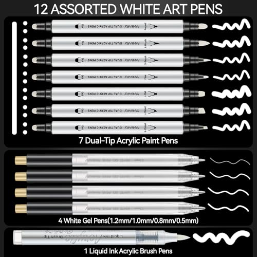 PANDAFLY 12 Pack White Pens Set, White Gel Pens, Dual-Tip Acrylic Paint Pen | Opaque Brush Tip Acrylic Markers for Black Paper Drawing, Sketching, Illustration & Card Making, Bullet Journaling