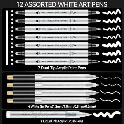 PANDAFLY 12 Pack White Pens Set, White Gel Pens, Dual-Tip Acrylic Paint Pen | Opaque Brush Tip Acrylic Markers for Black Paper Drawing, Sketching, Illustration & Card Making, Bullet Journaling
