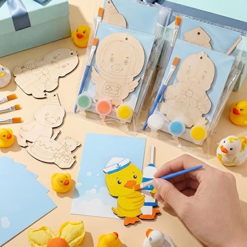 Saypacck 24 Pcs Duck Party Favors Wooden Paint Craft Kits | Duck Theme Crafts for Kids Birthday, Goodie Bag Fillers, Brush Paint Organza Bags Included, - style: Duck