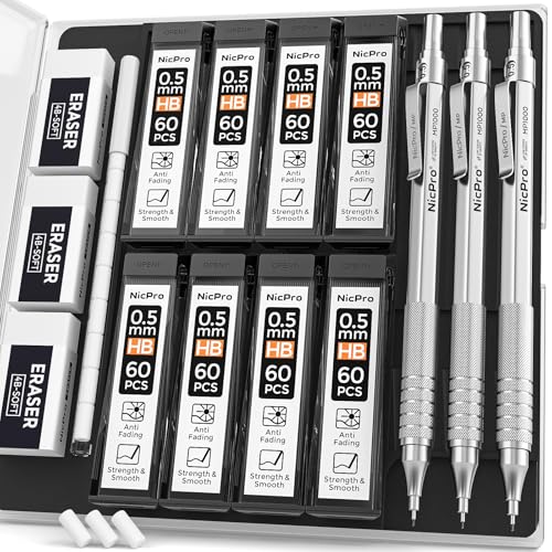 Nicpro 0.5 Mechanical Pencil Set with Case, 3PCS MP1000 Metal Artist Pencil | 480PCS HB Lead Refills 0.5mm, 3 Erasers,9 Eraser Refills For Architect Writing Drafting, Drawing, Engineering, Sketching - color: Silver, style: 0.5 MM