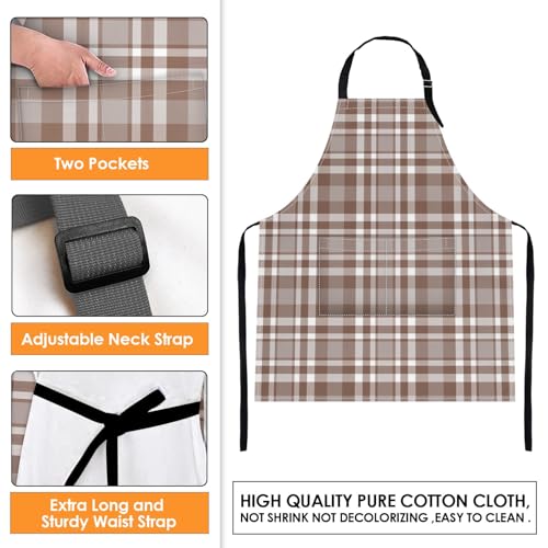 Apron with Pockets, 32x28 inch, 2 Pack, Khaki Champagne | Checkered Tartan Plaid Adjustable Bib with Pockets for Women Men Couple Lovers Chef Home Baking Gardening - color: Khaki Brown