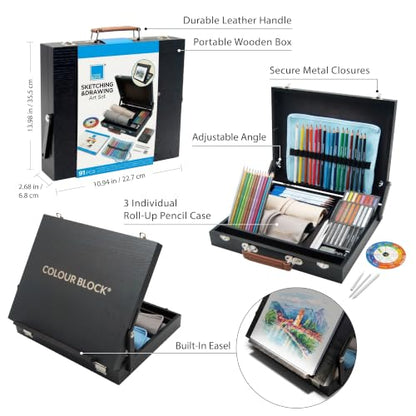 COLOUR BLOCK 91-PC Sketching & Drawing Set in Wooden Easel Case – All-in-One Mixed Media Art Supplies with Colored, Metallic, Charcoal & Pastel Pencils, Soft Pastels, Essential Tools and Drawing Pad