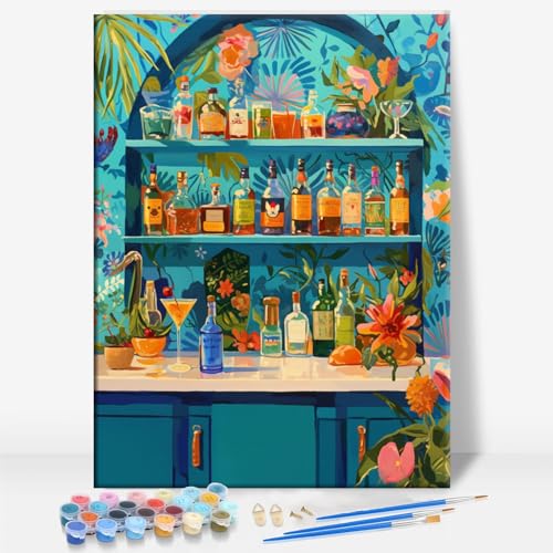 Aeontinity Retro Cocktail BAR Space Framed Canvas DIY Paint by Numbers Kit Bar Cafe Cave Home Room Wall Bathroom Porch Patio Decor Gift, 16 x 12 Inch - color: RETRO COCKTAIL BAR