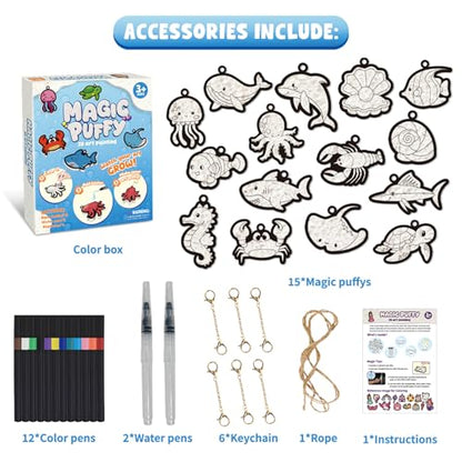 Artnedu 3D Art Kit-Magic Puffy Paint Kit,Ocean Theme,DIY Color Activity | Magic Puffy Keychain,15 Mess-Free Paint by Number Craft for Kids,Best Gift for Girls & Boys Age 4, 5, 6, 7, 8, 9, 10 - color: Ocean Puffy Painting Kits