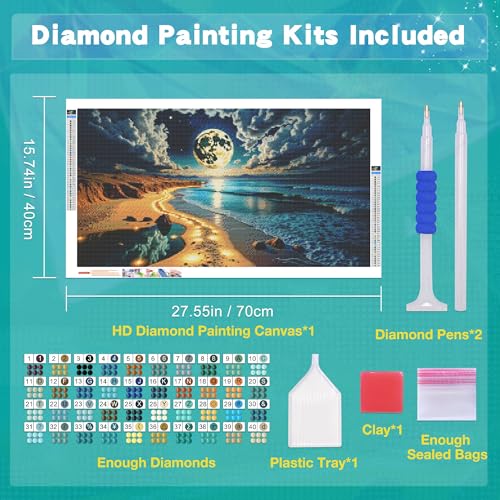 JOOZ Large Diamond Painting Kits for Adults DIY 5D Moonlight Beach Diamond Art Kits for Adults Full Drill Moon Diamond Art Painting Kits Gem Painting Kits for Gift Home Wall Decor 27.5x15.7 Inch - color: Moonlight Beach 050