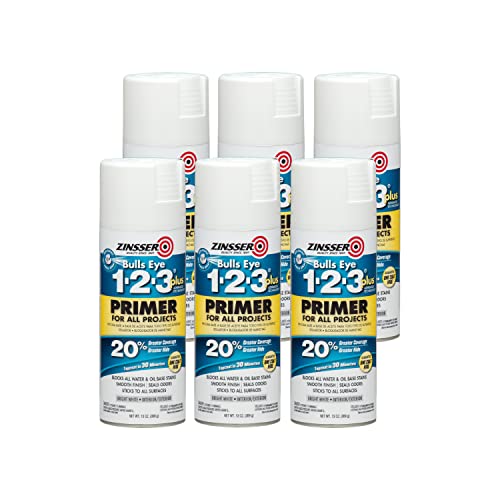 Zinsser Bulls Eye 1-2-3 Plus Spray Primer, White, 13oz, 6-Pack | Bulls Eye 1-2-3 Plus spray primer, 13oz, White. High-hide stain-blocking spray primer for all surfaces; bonds without. - size: 13 Ounce (Pack of 6)