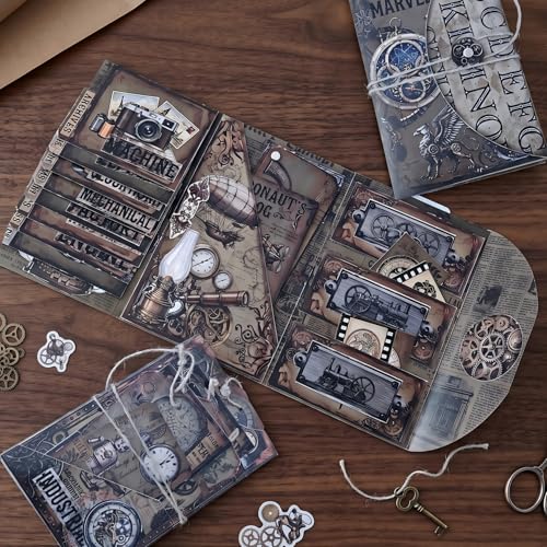 XINPOCUT Steampunk Folding Folio Junk Journal Kit,Folio Booklet Craft Kit, Junk Journal Kit, Scrapbooking Supplies, Journaling Decor, Mini Folio Writer Folder Project, Arts & Crafts Gifts