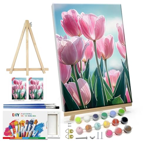 ATDMS Flowers Paint by Numbers Kit for Adults with Frame, 7.87x11.81 Inch - color: Tulips 208