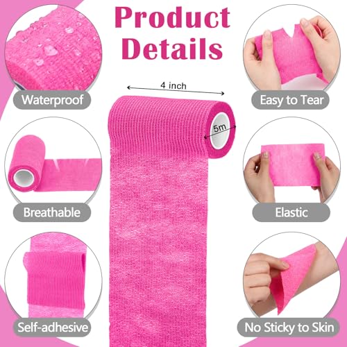 Treela 36 Pcs Self Adherent Bandage 4" X 5 Yard Wrap Breathable | Cohesive Bandage Elastic Adhesive Tape for Stretch Athletic Sports Wrist Ankle - color: Bright Pink, size: 4" X 5 Yard