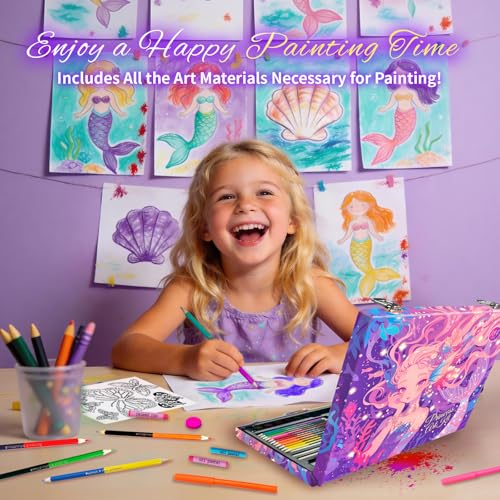 Cokiki Mermaid Art Set for Kids, 184 Piece Drawing Art Kit - color: Violet Princess