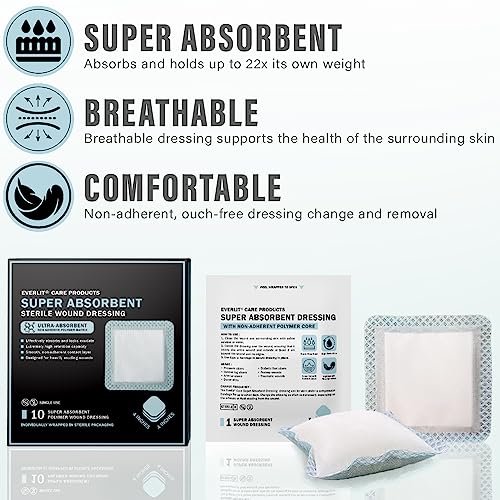 EVERLIT Super Absorbent Dressing for Wound Care | Nonstick Soft Surgical Gauze Pad for Heavily Exuding Wounds | Large Sterile Non-Adhesive Bandage for Fast Healing Wound Care | Pack of 10 (4" x 4") - size: 4" x 4"