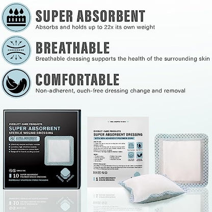 EVERLIT Super Absorbent Dressing for Wound Care | Nonstick Soft Surgical Gauze Pad for Heavily Exuding Wounds | Large Sterile Non-Adhesive Bandage for Fast Healing Wound Care | Pack of 10 (4" x 4") - size: 4" x 4"