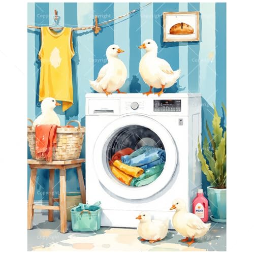 Funny Paint by Numbers Kit for Adults - DIY Ducks in Colorful Laundry Room Painting on Canvas 8x12In, Framed Acrylic Paint Set, Suitable for Beginners, Whimsical Art for Home Decoration/Gifts - color: FM05209, size: 8×12in Framed