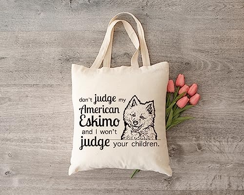 Pet Studio Art Don't Judge My Dog Tote Bag - color: American Eskimo