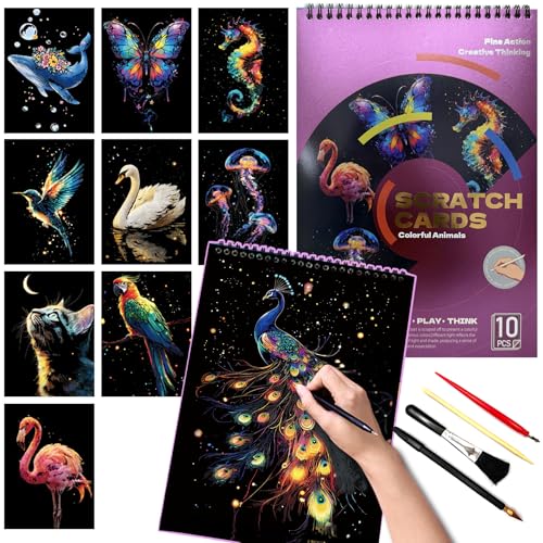 DESINIK Animals Scratch Art Painting Book for Adults-Colorful Animal Scratch Paper|Scratch Painting Paper Craft Kit|Creative Foil Engraving Scratch Art|Stress Relief Gift for Craft Lovers(10PACK) - color: Animals A4 -10PACK