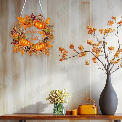 Eiflow Fall Diamond Art Hanging Kit for Adult Pumpkin Wreath, DIY Acrylic Diamonds Painting Ornament Double Sided Pendant Board Kit(Hello Fall)