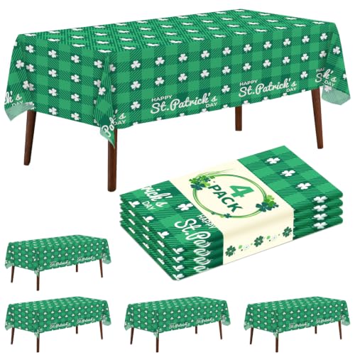 4 Pack St. Patrick’s Day Plastic Tablecloth 54 x 108 Inch Green Lucky Shamrock Disposable Table Cover for St. Patrick's Day, Irish and Spring Decorations - color: St Patrick's Day Tablecloth