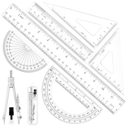 Coopay 7 Pcs Geometry Kit with Ruler, Triangle Ruler, Protractor and Compass Set | 12'' & 6'' Straight Rulers, 45°/60°Triangle Ruler, 6" & 4" Protractors, Compass, Geometry, Drafting, Math, School, Office - size: 7 Pcs set