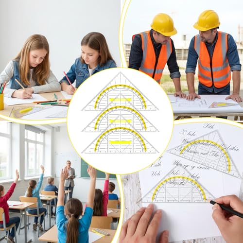 Multifunctional Triangle Ruler with Handle, 4 PCS Transparent Set Square with Protractor Plastic Triangle Ruler Set Drafting Triangles for Designers Architectors Engineers Geometry Drawing Tools