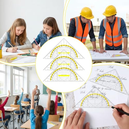 Multifunctional Triangle Ruler with Handle, 4 PCS Transparent Set Square with Protractor Plastic Triangle Ruler Set Drafting Triangles for Designers Architectors Engineers Geometry Drawing Tools